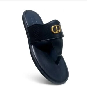 Dior-Inspired Black Calfskin Thong Sandals with Gold CD Logo – Luxury Designer Summer Flip Flops
