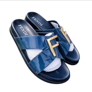 Fendi Roma Men's Patent Leather Slides Luxury Cross Strap Sandals with Gold FF Logo Hardware