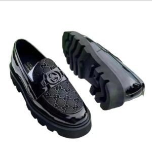 Gucci Men's Lug Sole Monogram Loafers Black Patent Leather Chunky Platform Slip-On Shoes