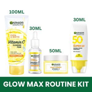Garnier Even & Matte GLOW MAX ROUTINE KIT: Super UV SPF 50 Sunscreen + Water Gel Glow Moisturizer 50ml + Day Booster Serum 30ml + Vitamin C Cleanser 100ml