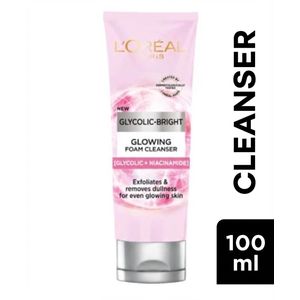 L'Oréal Glycolic Bright Face Daily Foam Cleanser, Infused with Glycolic Acid to Exfoliate and Remove Dullness for Even Glowing Skin - 100ml