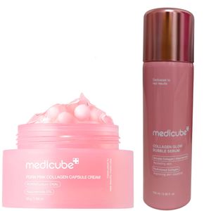 Medicube Collagen Glow Bubble Serum with Niacinamide + PDRN Pink Collagen Capsule Cream. Moisturizes, Gives a Glass skin Glow, Brightens, Smooths, Firms, Removes Wrinkles, Fine Lines, Dark Spots, Acne Scars, Blackheads, Improve elasticity & Boosts Radiance