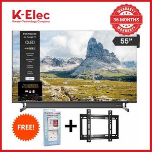 K-Elec 55" Inch 4K QLED Smart Google LED TV | Frameless | External Dolby Atmos Soundbar | Inbuilt Decoder | Netflix YouTube | HDR | WiFi | 36-Month Warranty + FREE TV GUARD + FREE WALL MOUNT