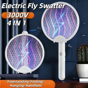 Electric Fly Swatter Bug Racket Dual Modes Mosquito Killer with Purple Mosquito Light Rechargeable for Indoor Home Office Backyard Patio Camping