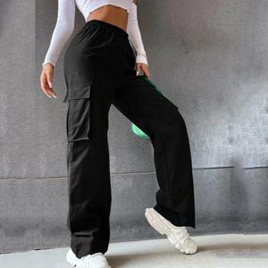 Ladies High Waist Cargo Pants Women With Straps-Black