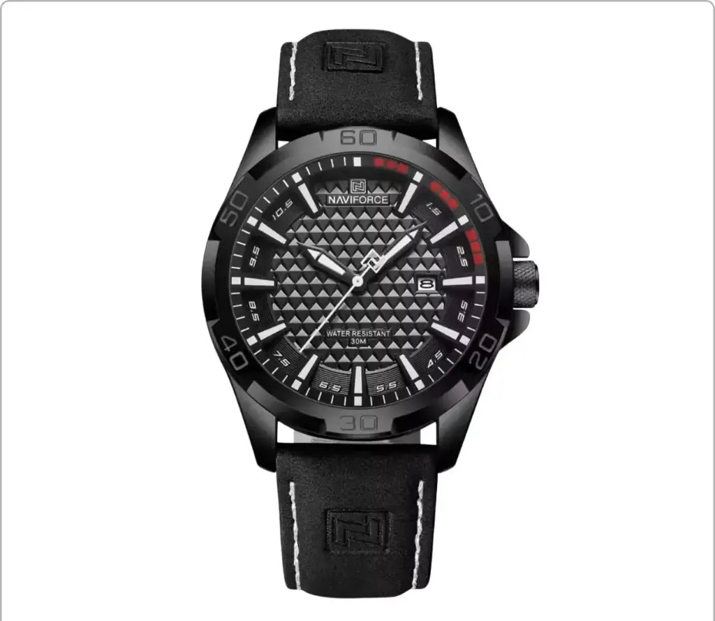 NAVIFORCE NF8023 Men’s Quartz Sport Watch – Black Leather Strap, Date Display, 30M Water Resistant Luxury Wristwatch