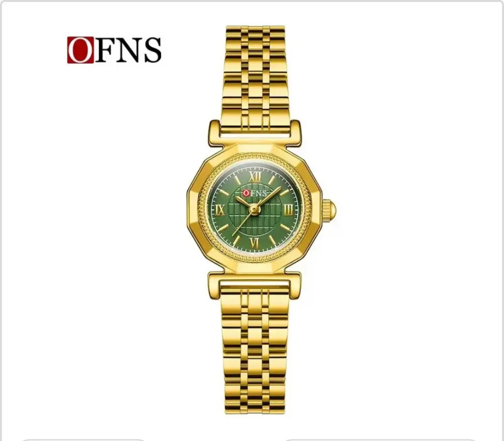 OFNS Luxury Women’s Octagonal Gold Watch Vintage Quartz Wristwatch Stainless Steel Bracelet Emerald Green or Champagne Dial Elegant Dress Watch